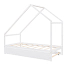Twin Size Wooden House Bed With Twin Size Trundle, White