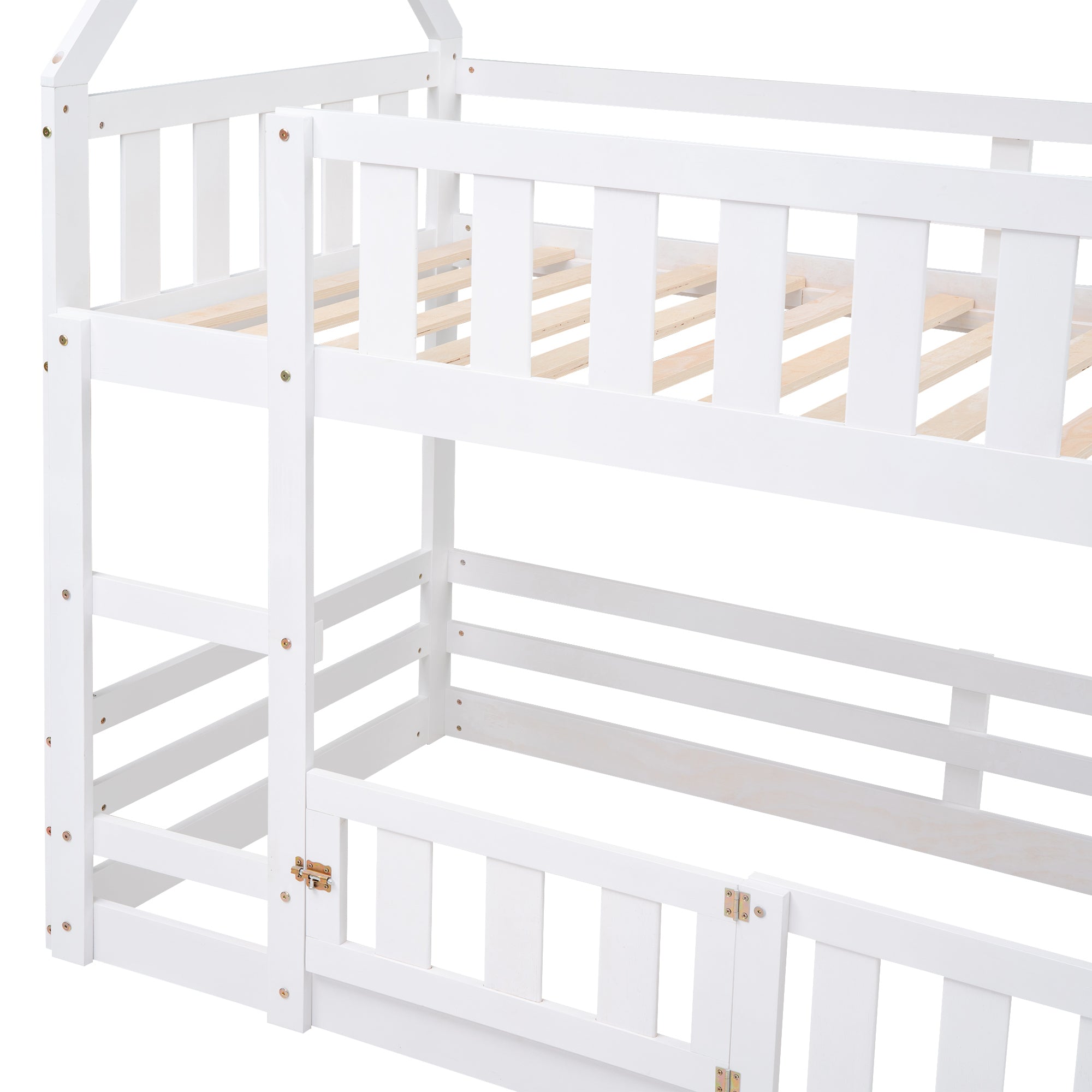 Twin over Twin House Bunk Bed with Fence and Door, White - Atlantic Fine Furniture Melbourne FL