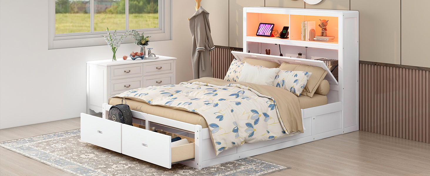 Wood Queen Size Hydraulic Platform Bed with Storage LED Headboard, Charging Station and 2 Drawers, White - Atlantic Fine Furniture Melbourne FL
