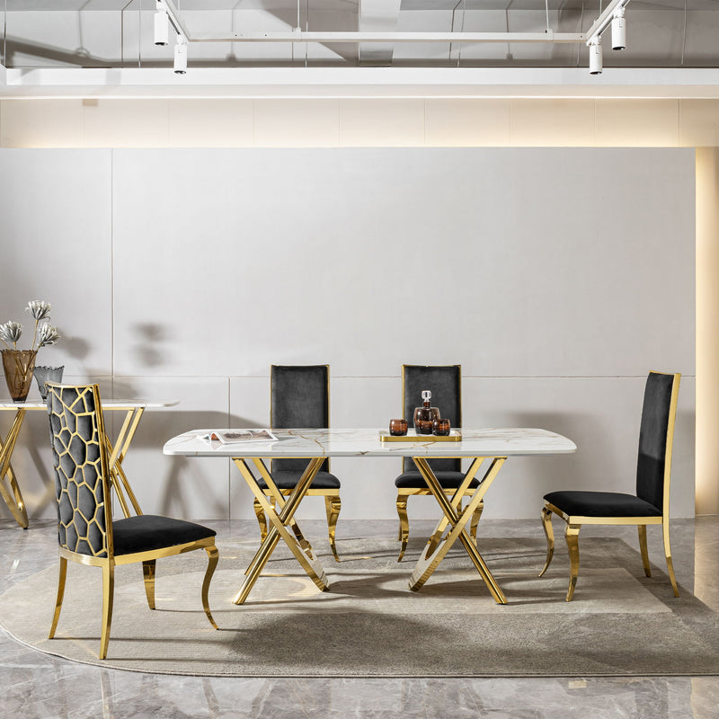 Marble Pattern Dining Table With Stainless Steel Base, Rectangular, Seats 6 Or 8 - Gold