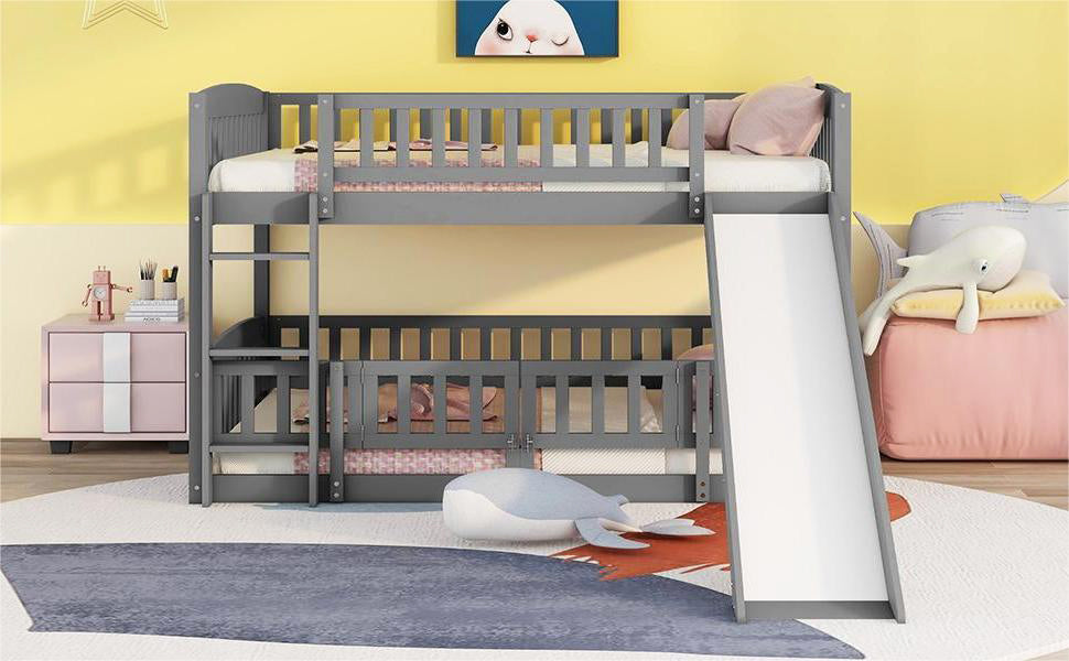 Bunk Bed with Slide,Full Over Full Low Bunk Bed with Fence and Ladder for Toddler Kids Teens Gray - Atlantic Fine Furniture Melbourne FL