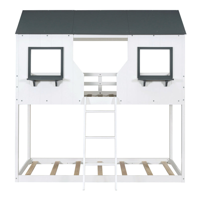 Twin Over Twin Bunk Bed With Roof, Window, Guardrail, Ladder