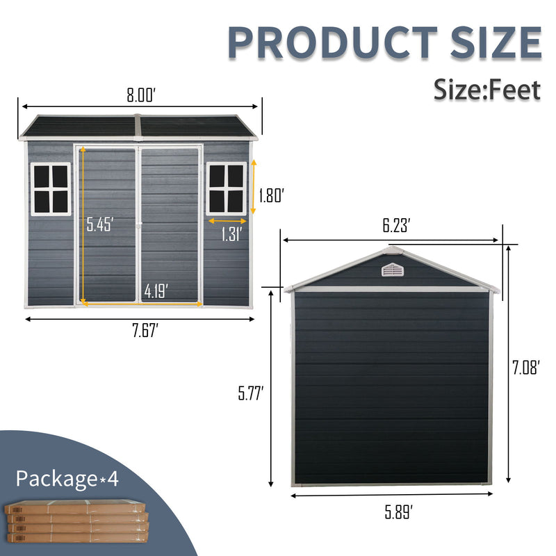 Resin Outdoor Storage Shed Waterproof Shed With Floor & Two Windows & Lockable Door, Tool Shed For Garden, Patio, Backyard