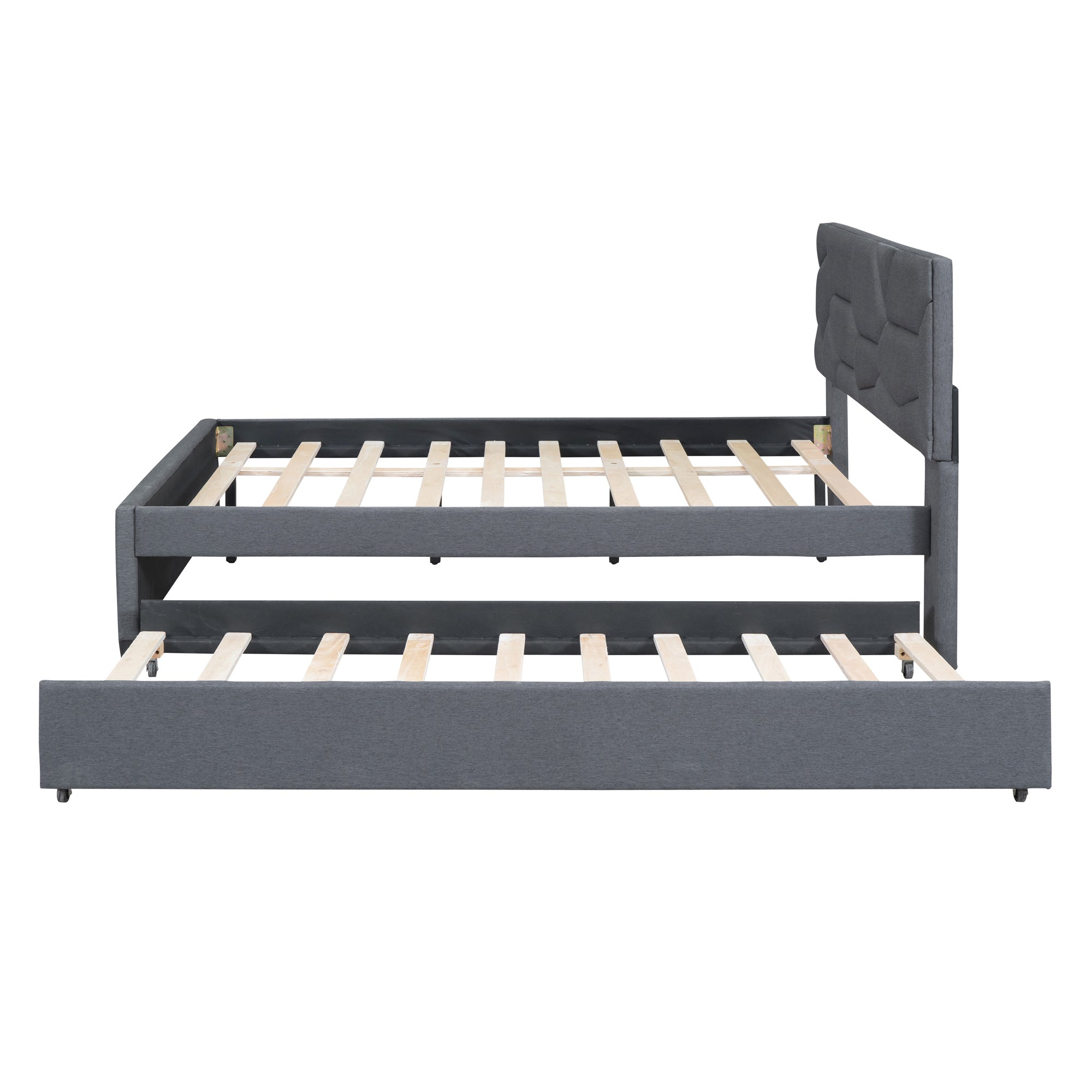 Full Size Upholstered Platform Bed with Brick Pattern Headboard and Twin Size Trundle, Linen Fabric, Gray - Atlantic Fine Furniture Melbourne FL