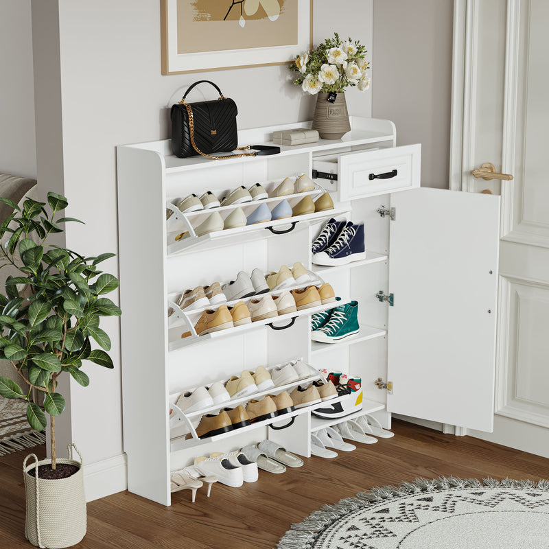 Shoe Cabinet With 4 Doors 1 Drawers, PVC Door With Shape, Large Space For Storage - White