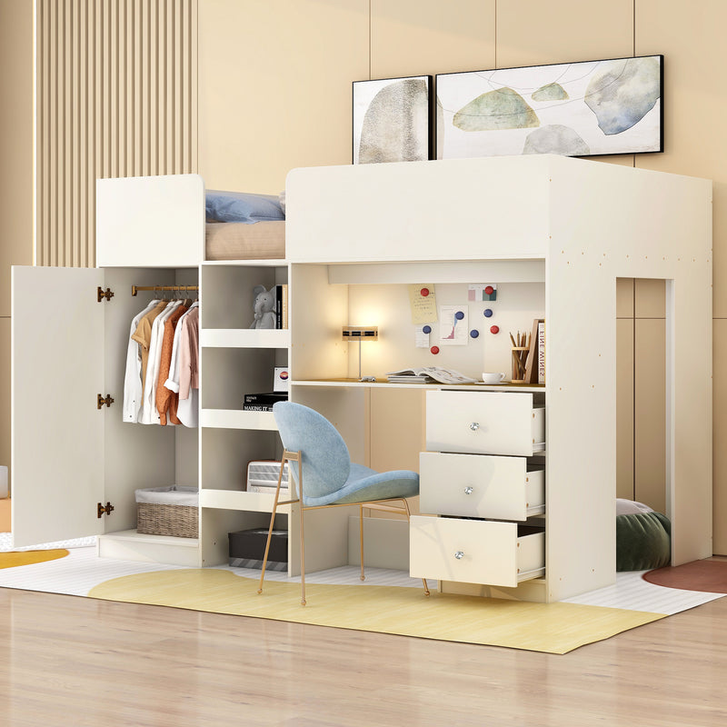 Wood Full Size Loft Bed with Built-in Wardrobe, Desk, Storage Shelves and Drawers, Beige