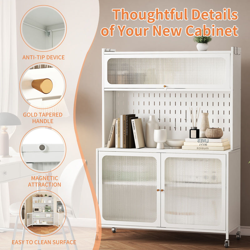 Contemporary Kitchen Pantry Cabinet With Glass Doors, Adjustable Shelves, Steel - Brushed Nickel