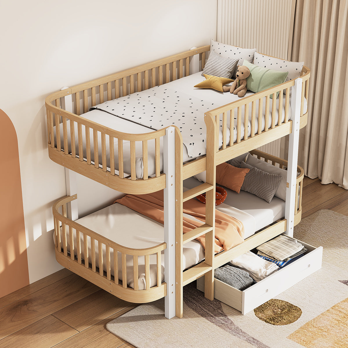 Wood Twin over Twin Bunk Bed with Fence Guardrail and a Big Drawer, Natural White - Atlantic Fine Furniture Melbourne FL