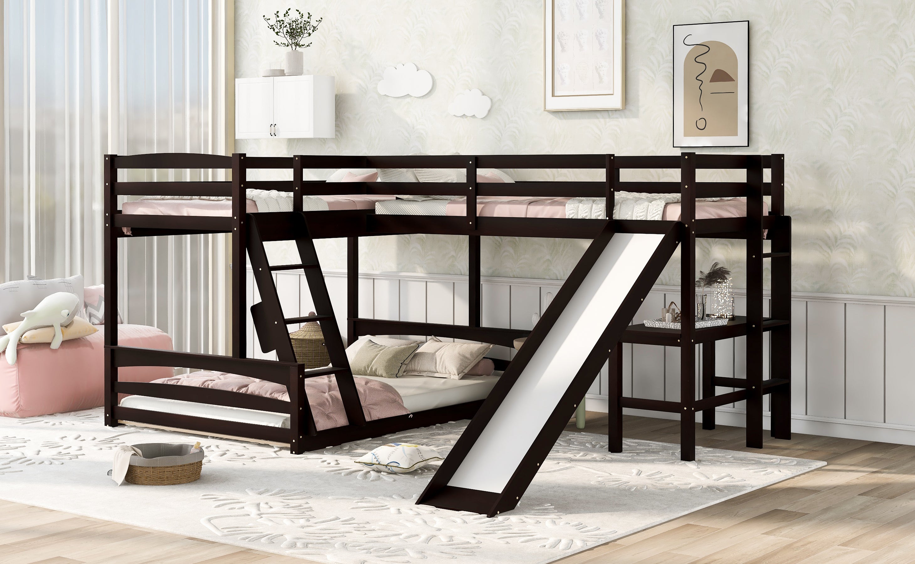 Twin over Full Bunk Bed with Twin Size Loft Bed with Desk and Slide,Full-Length Guardrail, Espresso - Atlantic Fine Furniture Melbourne FL