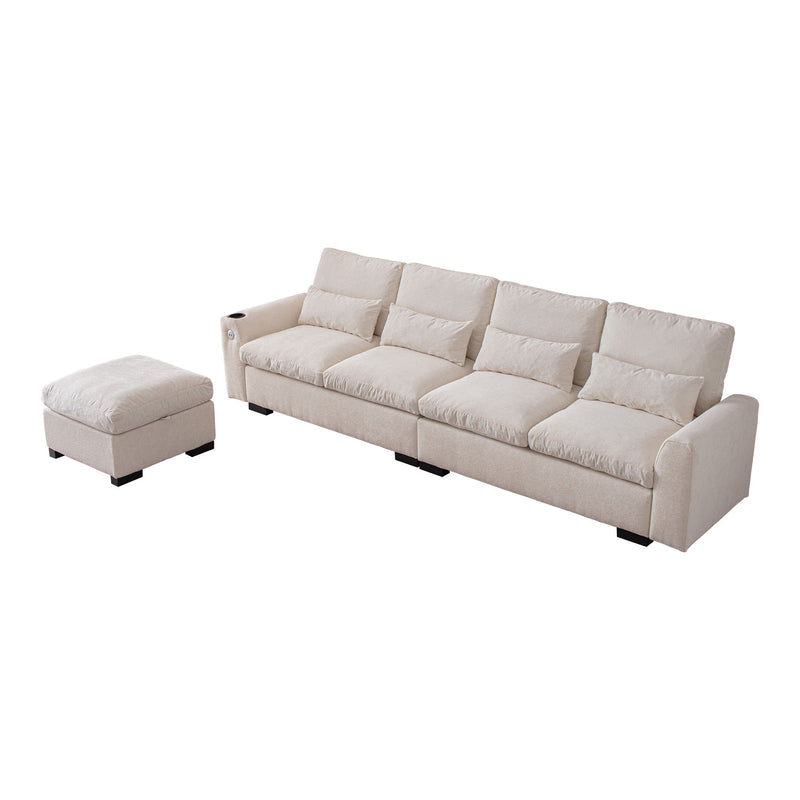 Modern Modular L Shaped Chenille Sofa Couch Reversible Ottoman With Storage Removable And Washable Cushions Sofa With USB Ports & Cup Holder For Living Room