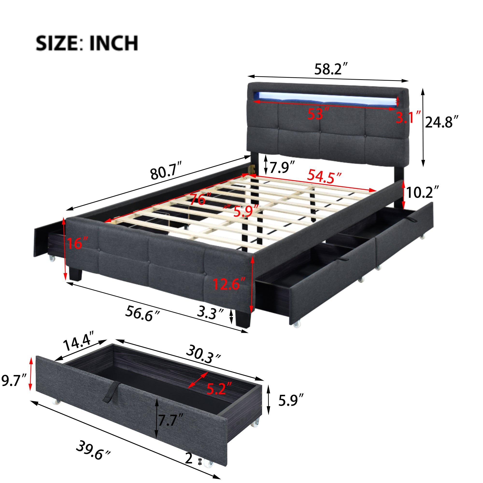 Full Size Upholstered Platform Bed with LED Frame and 4 Drawers, Linen Fabric, Gray - Atlantic Fine Furniture Melbourne FL