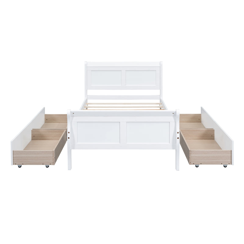 Twin Size Wood Platform Bed with 4 Drawers and Streamlined Headboard & Footboard, White