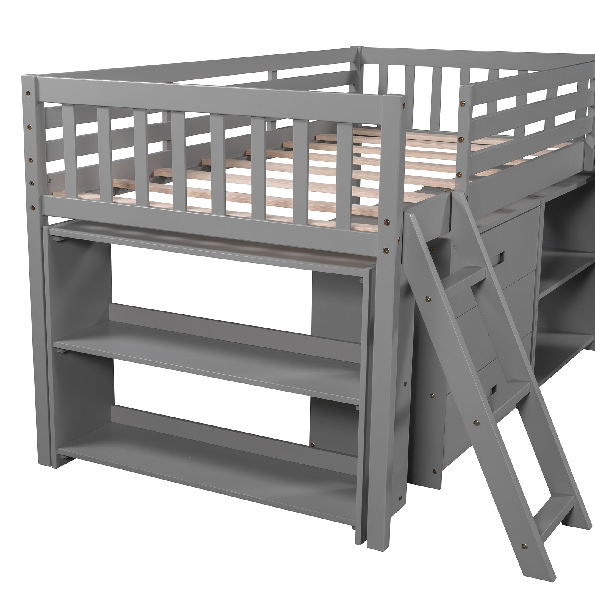 Low Loft Bed with Attached Bookcases and Separate 3-tier Drawers,Convertible Ladder and Slide,Twin,Gray - Atlantic Fine Furniture Melbourne FL