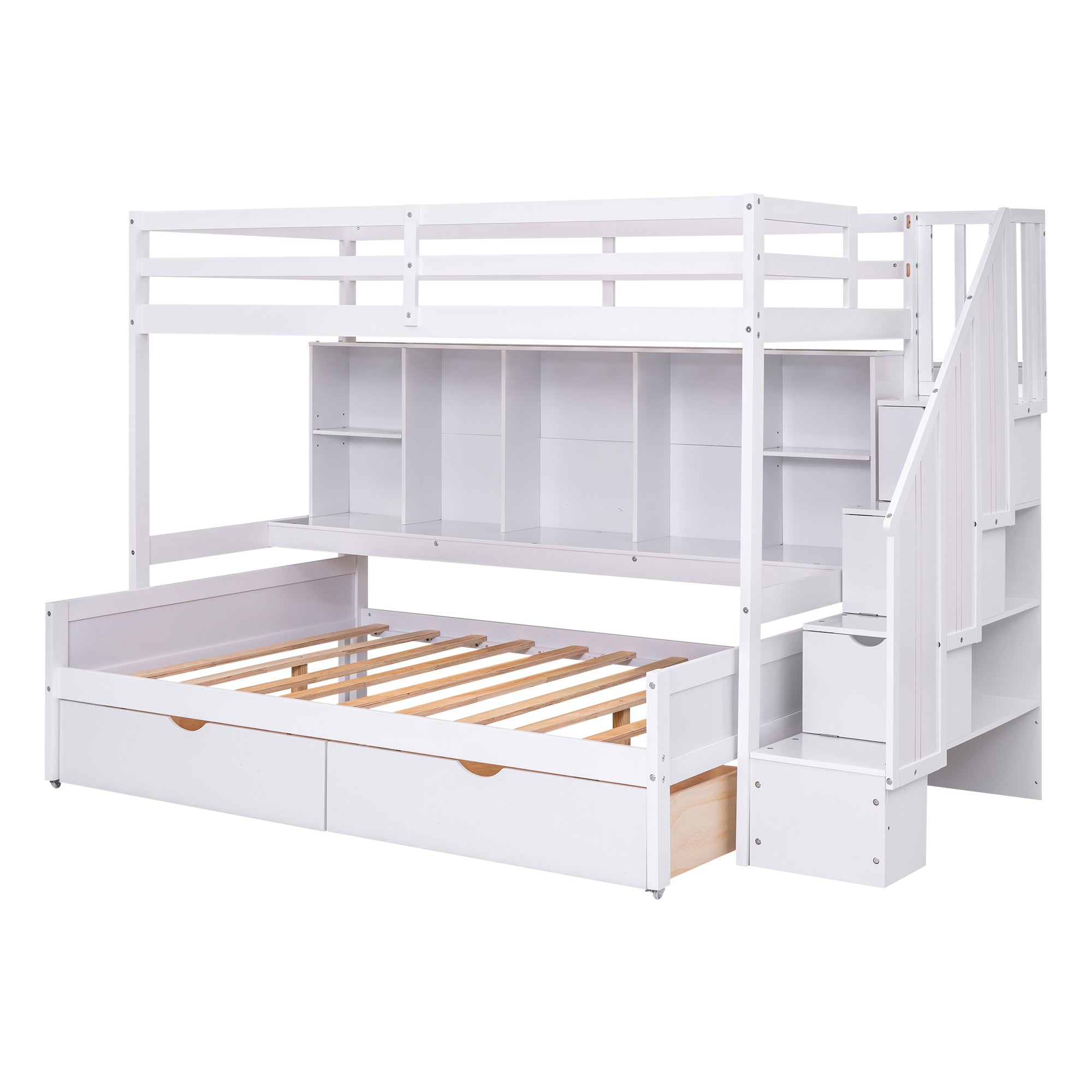 Twin XL over Full Bunk Bed with Built-in Storage Shelves, Drawers and Staircase,White - Atlantic Fine Furniture Melbourne FL