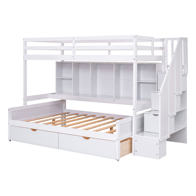 Twin XL over Full Bunk Bed with Built-in Storage Shelves, Drawers and Staircase,White