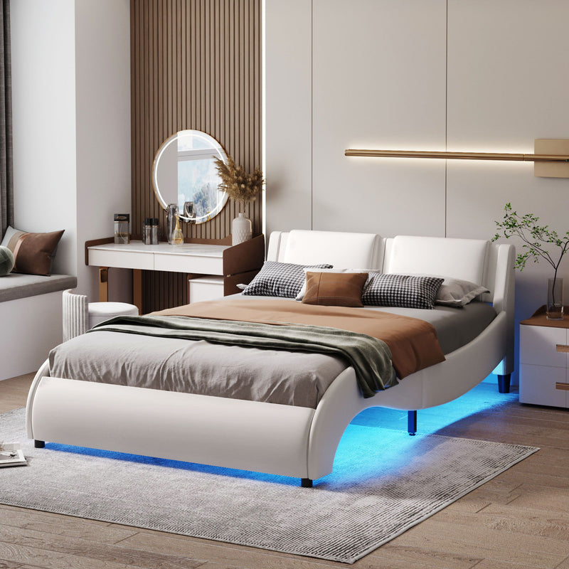 Upholstered Platform Bed With LED Light, Frame Slatted