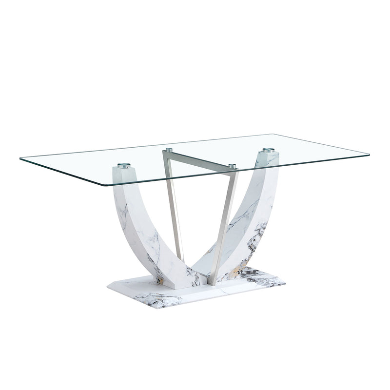 Table And Chair Set, Large Modern Rectangular Glass Table, Can Accommodate 6-8 People, Equipped With A 0.39" Tempered Glass Tabletop And MDF Table Legs.Paired With Comfortable And Soft Chairs - White / Pearl Silver