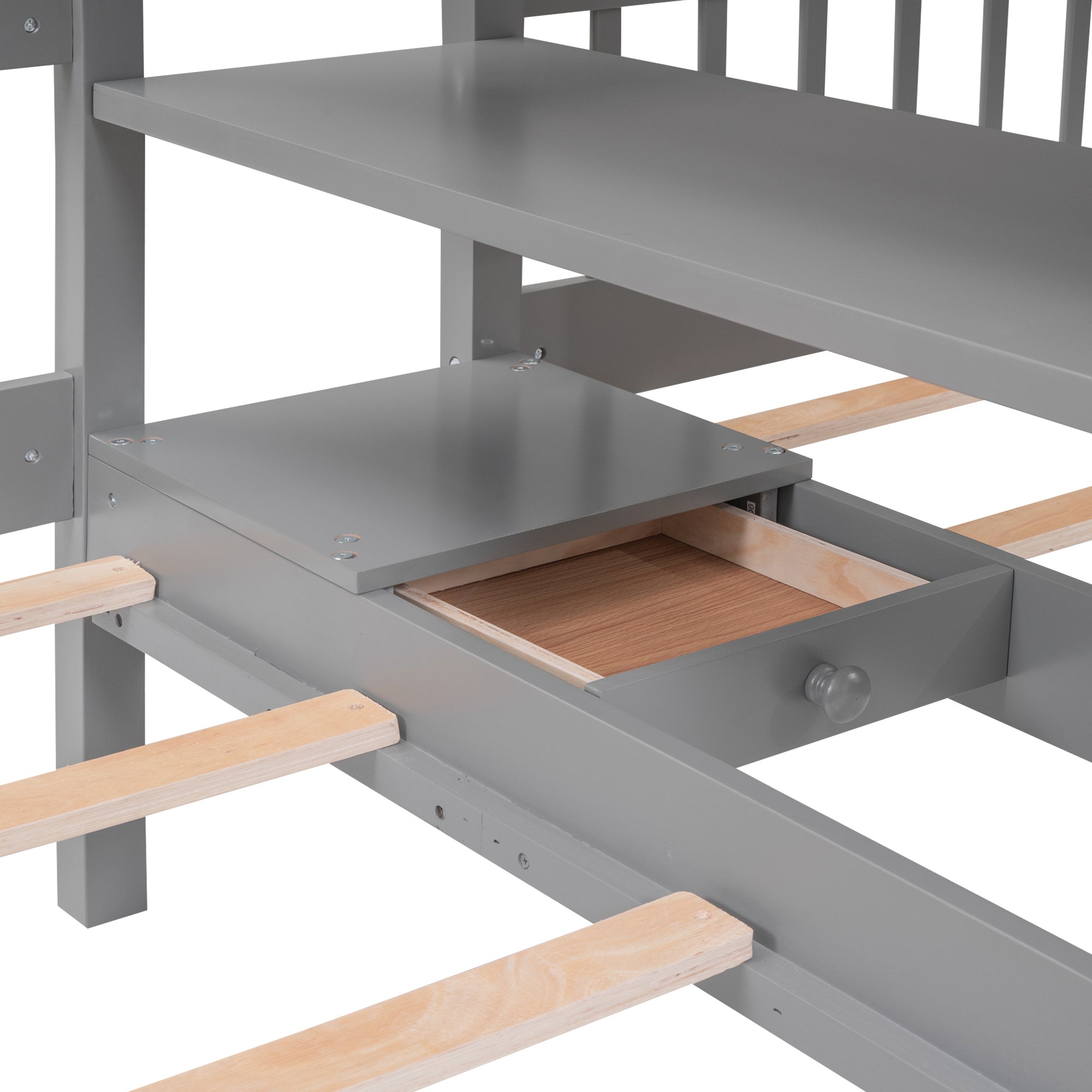 Full-Over-Twin-Twin Bunk Bed with Shelves, Wardrobe and Mirror, Gray - Atlantic Fine Furniture Melbourne FL