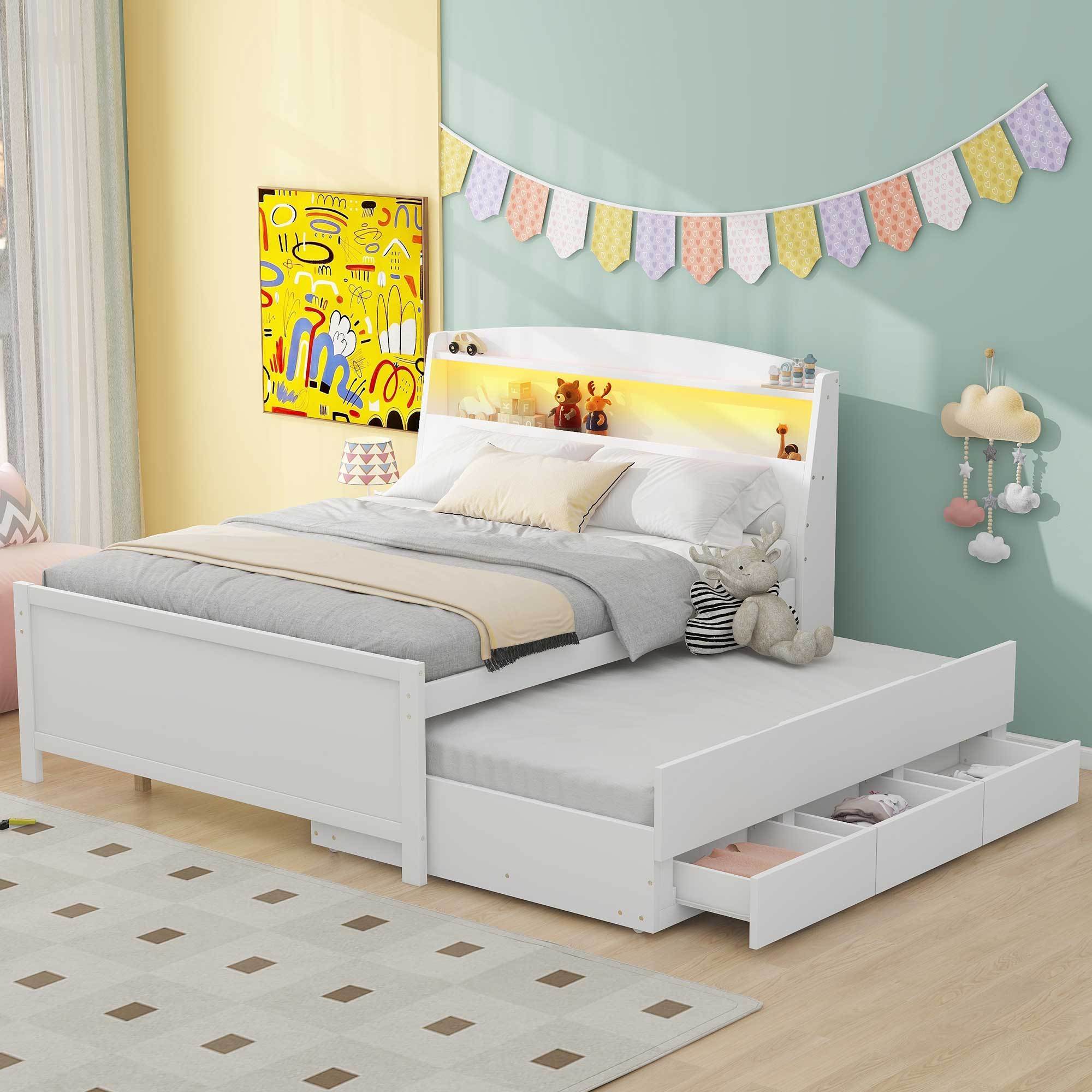Full Size Platform Bed with Storage LED Headboard, Twin Size Trundle and 3 Drawers, White - Atlantic Fine Furniture Melbourne FL