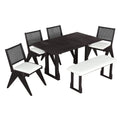 6 Piece Extendable Dining Table Set With 4 Wicker Back Upholstered Dining Chairs And Long Bench, 2 Removable Leaf