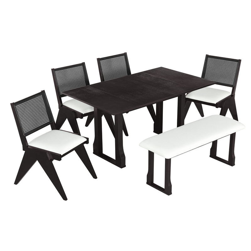 6 Piece Extendable Dining Table Set With 4 Wicker Back Upholstered Dining Chairs And Long Bench, 2 Removable Leaf