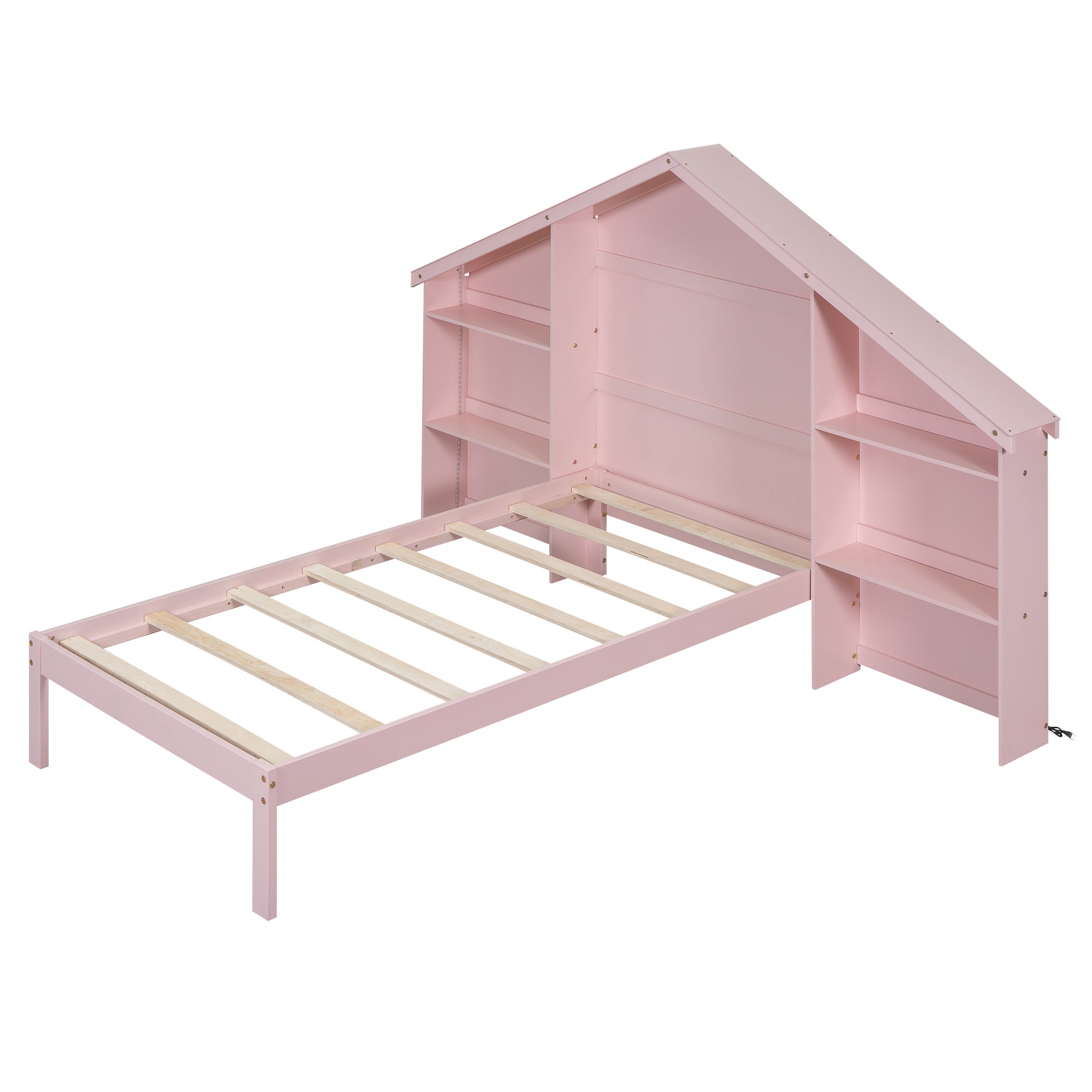 Wood Twin Size Platform Bed with House-shaped Storage Headboard and Built-in LED, Pink - Atlantic Fine Furniture Melbourne FL
