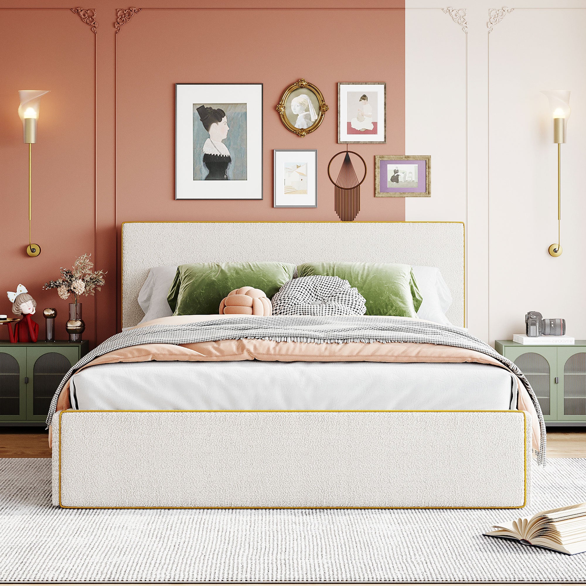Queen Size Upholstered Platform Bed with 4 Drawers and Golden Edge on the Headboard & Footboard, White - Atlantic Fine Furniture Melbourne FL