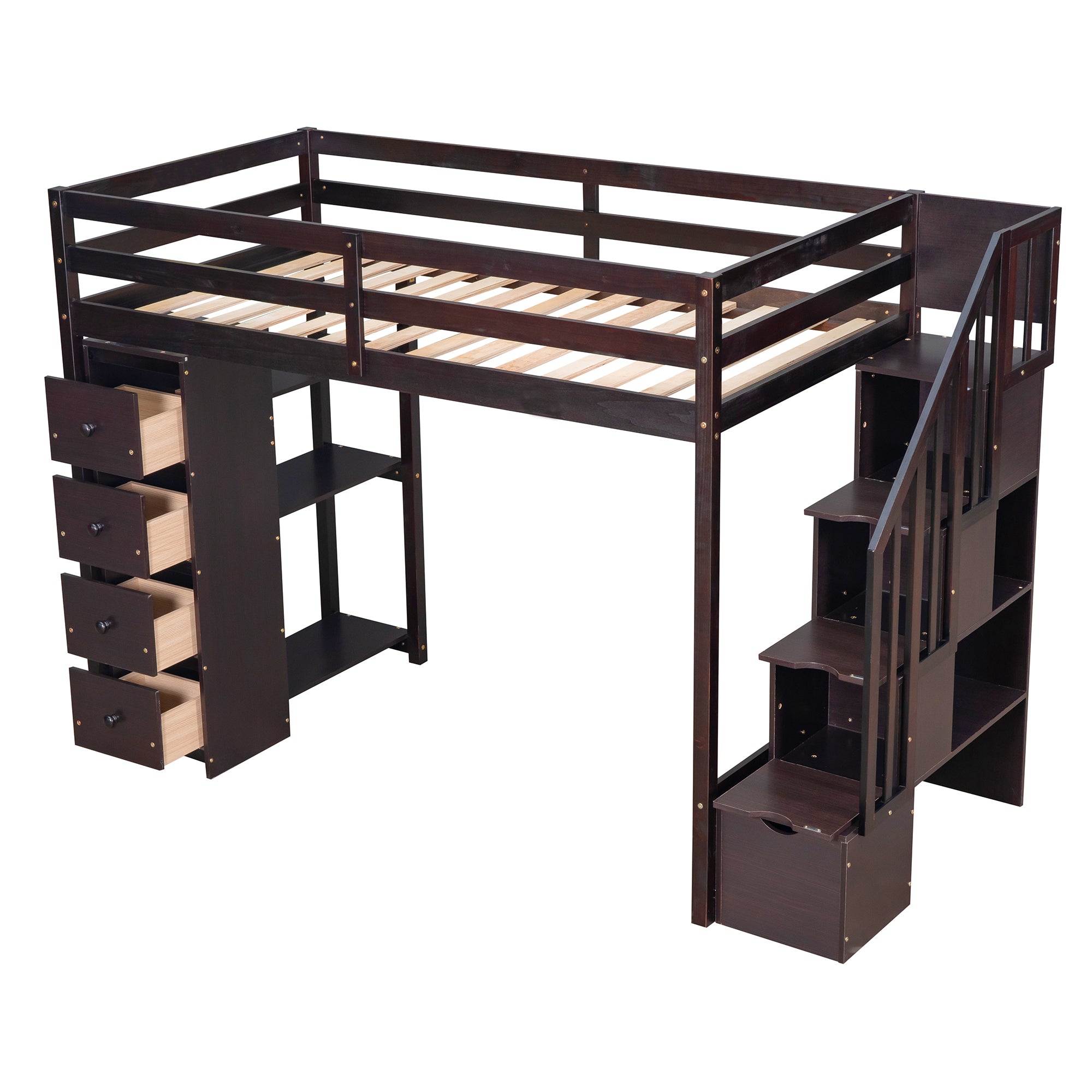 Twin size Loft Bed with Storage Drawers and Stairs, Wooden Loft Bed with Shelves - Espresso - Atlantic Fine Furniture Melbourne FL