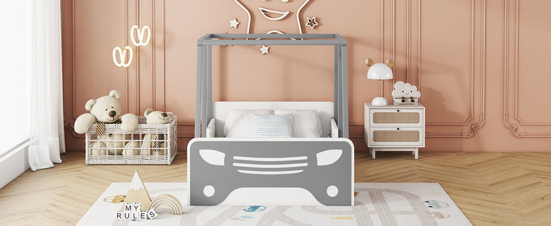 Twin Size Car-shaped Bed with Roof,Wooden Twin Floor Bed with wheels and door Design,Montessori Inspired Bedroom,Grey