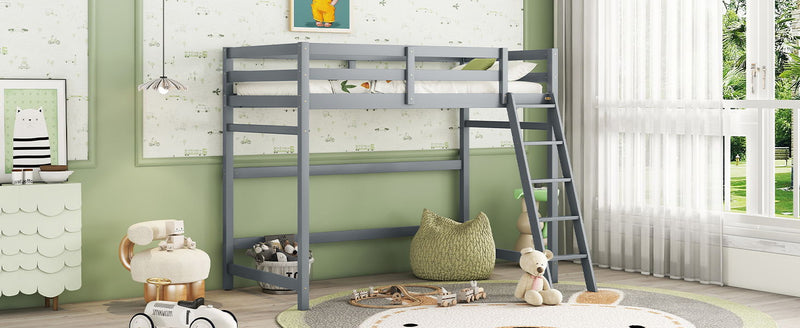 High Loft Bed With Inclined Ladder, Guardrails