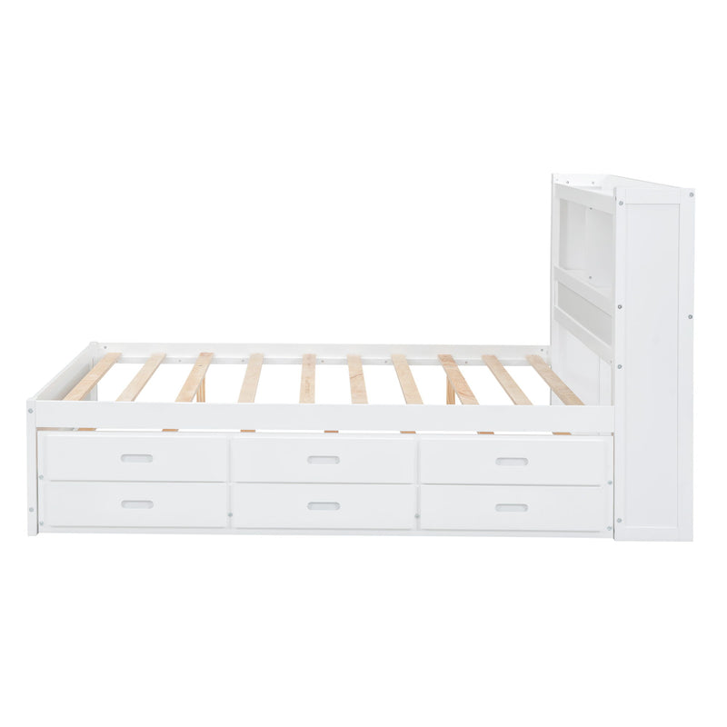 Full Size Platform Bed With Trundle, Drawers, USB Ports And Built In Shelves - White