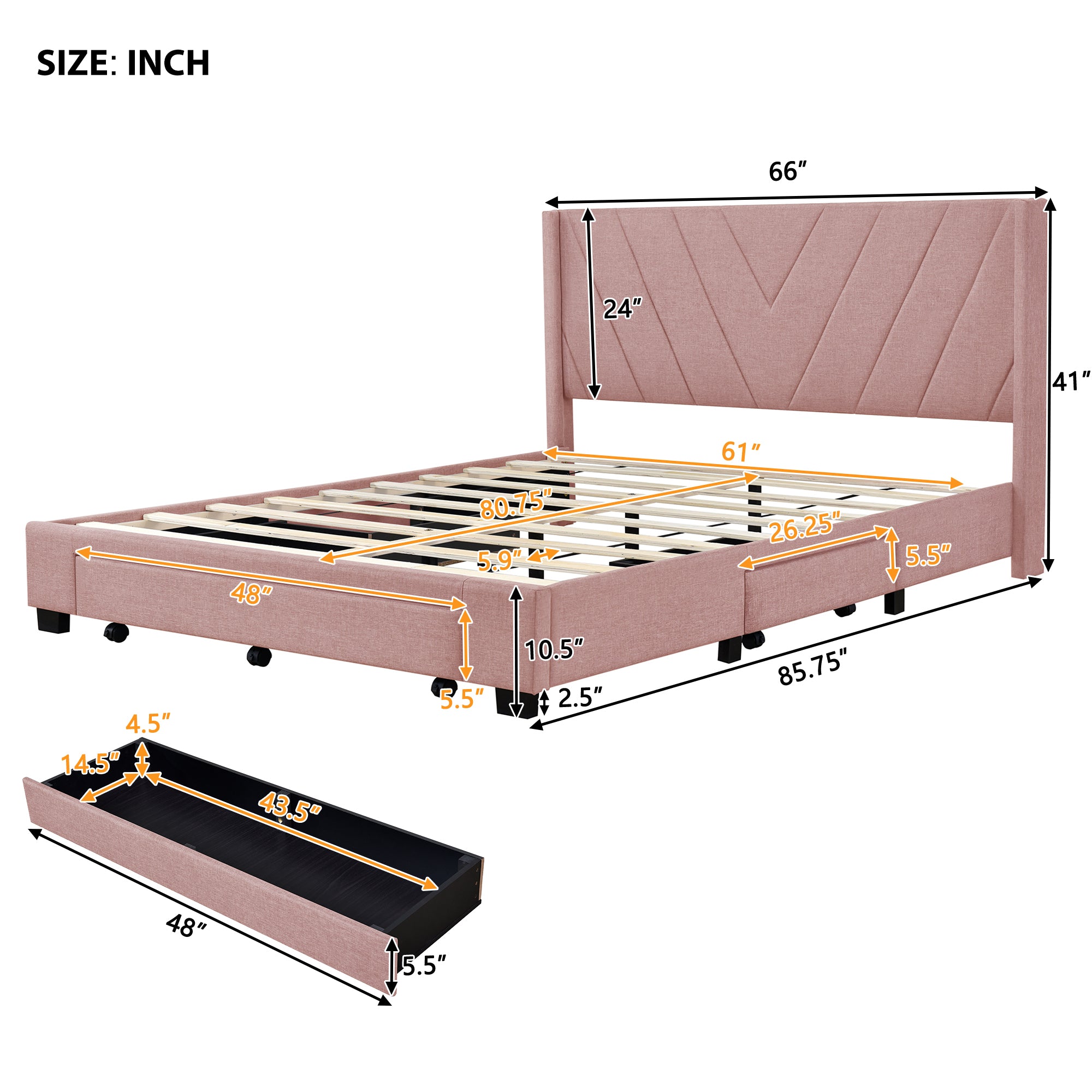 Queen Size Storage Bed Linen Upholstered Platform Bed with 3 Drawers (Pink) - Atlantic Fine Furniture Melbourne FL