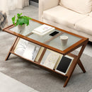 Rattan Coffee Tables For Living Room, Mid Century Modern Coffee Table With Glass Top, Large Boho Center Table With Storage - Brown