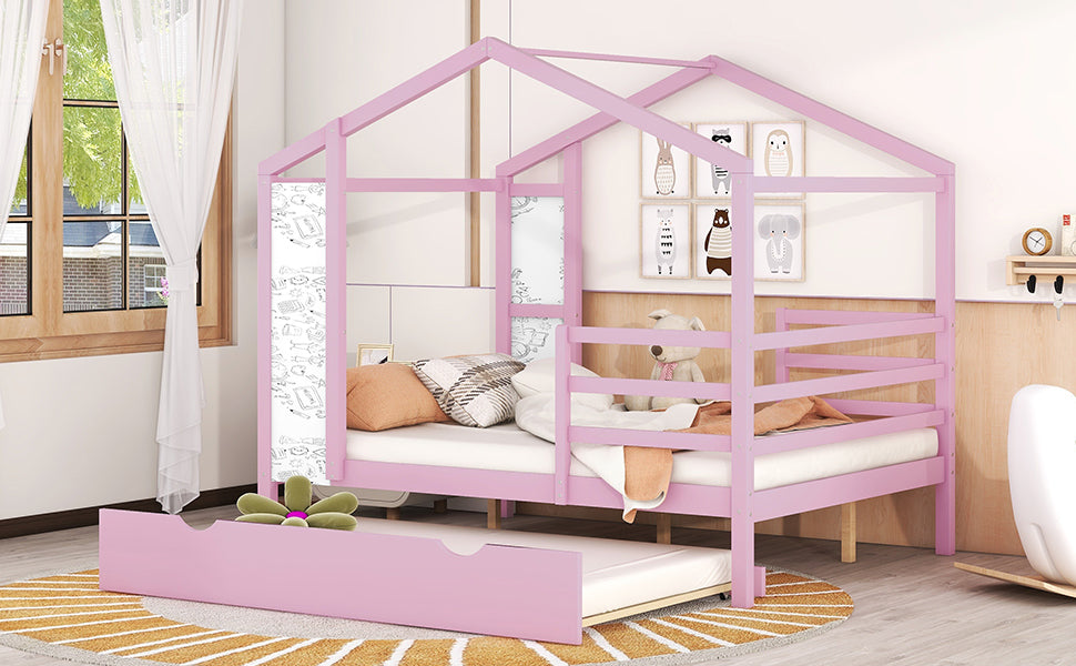 Full Size Wood House Bed with Fence and Writing Board, Pink - Atlantic Fine Furniture Melbourne FL