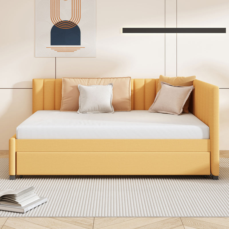 Full Size Upholstered Daybed with Trundle Sofa Bed Frame No Box Spring Needed, Linen Fabric(Yellow)