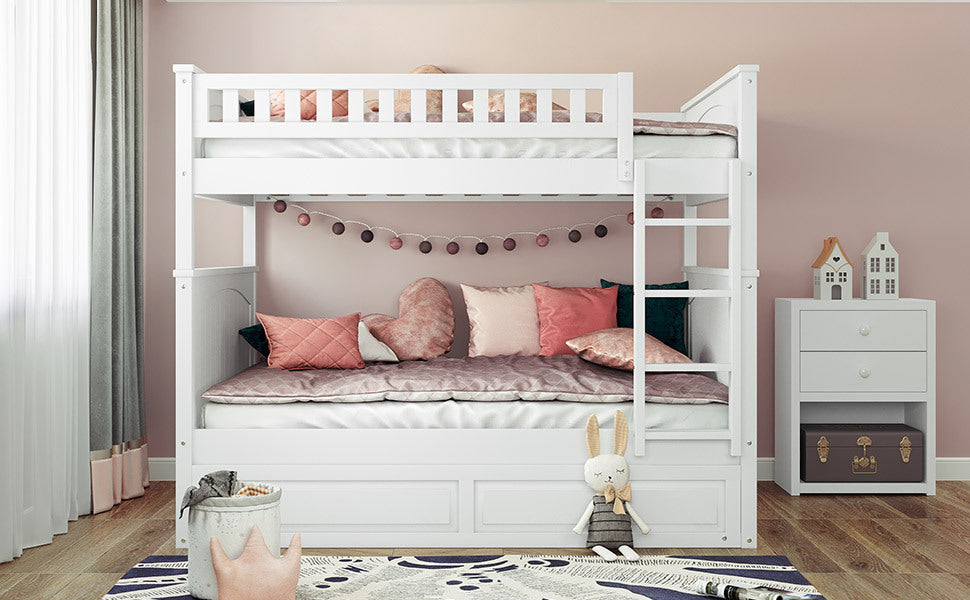 Full Over Full Bunk Bed with Twin Size Trundle, Pine Wood Bunk Bed with Guardrails, White (Old SKU:LP000044AAK) - Atlantic Fine Furniture Melbourne FL