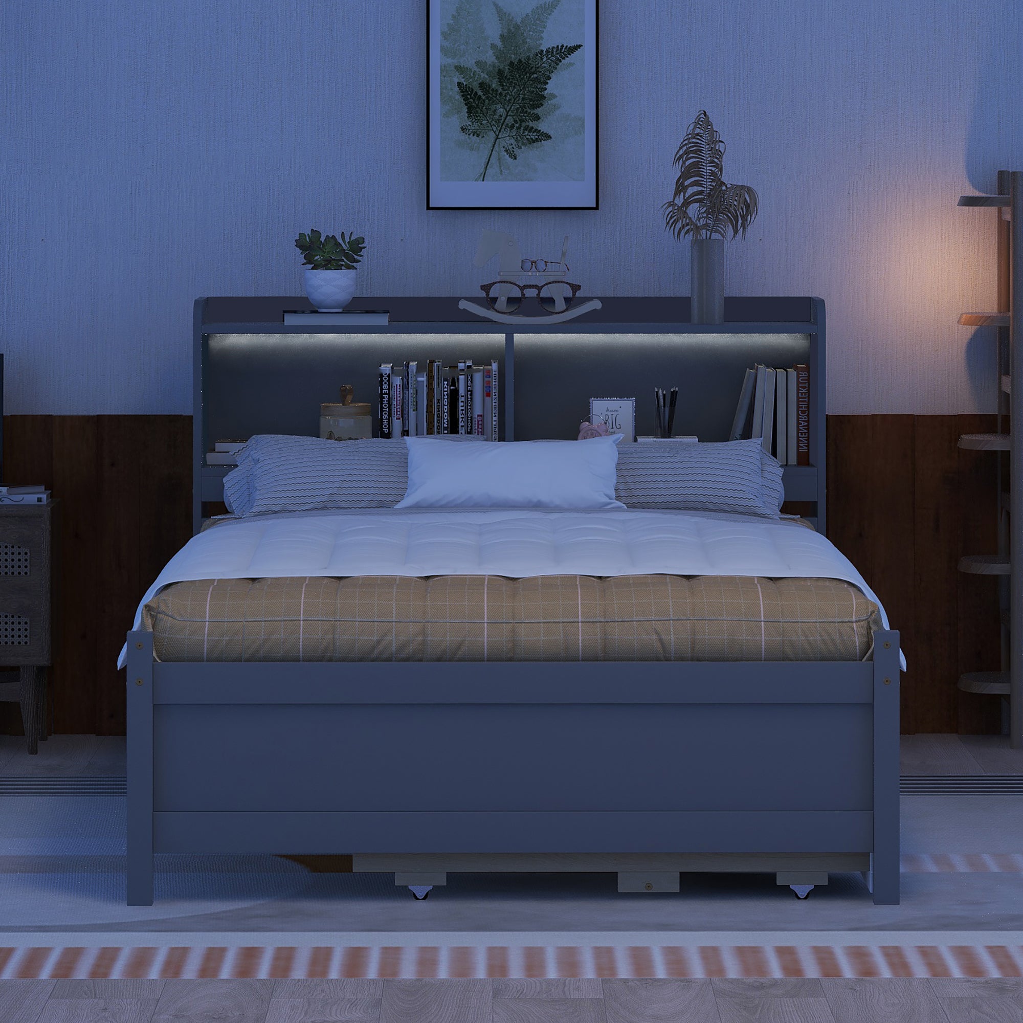 Full Size Bed with USB & Type-C Ports, LED light, Bookcase Headboard, Trundle and 3 Storage Drawers , Full Size Size Bed with  Bookcase Headboard, Trundle and Storage drawers ,Grey - Atlantic Fine Furniture Melbourne FL