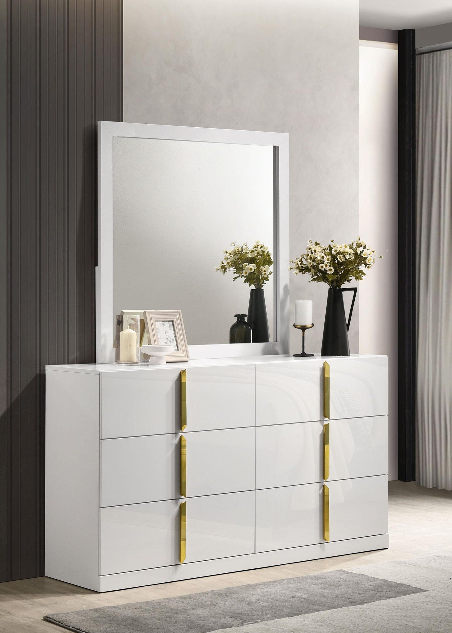 Ines 6-drawer Bedroom Dresser with Mirror White High Gloss