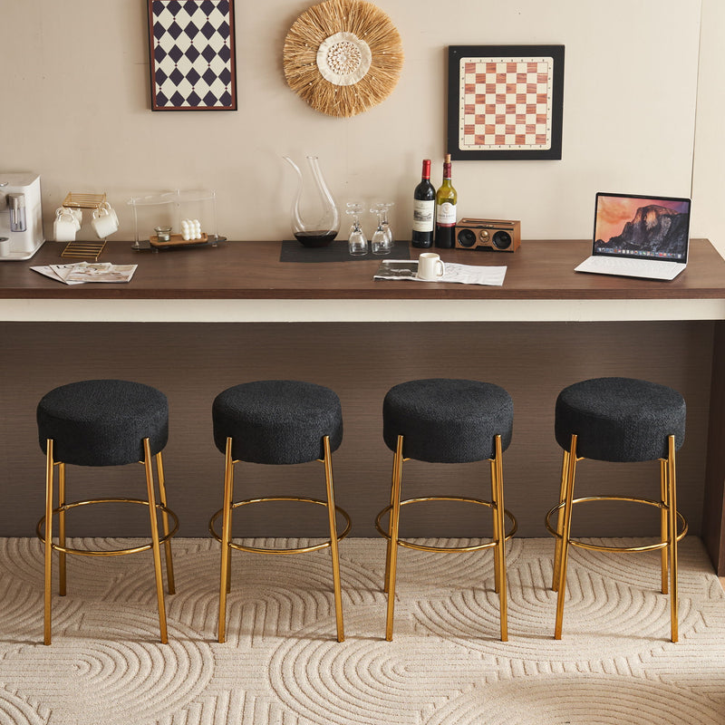 Round High Bar Stools (Set of 2), Contemporary Upholstered Dining Stools For Kitchens, Coffee Shops And Bar Stores - Gold Legs