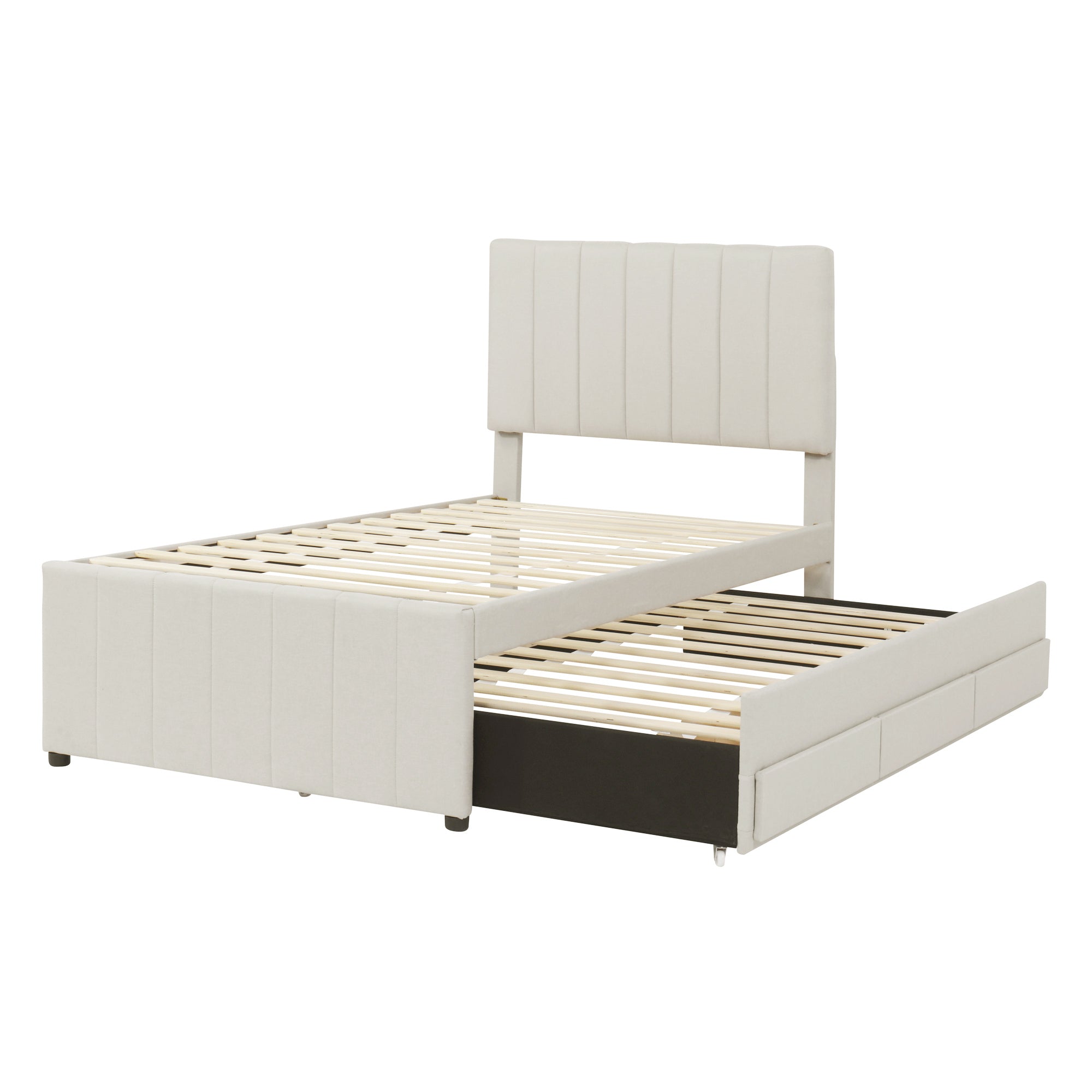 Twin Size Upholstered Platform Bed with Trundle and 3 Drawers, Linen Fabric, Beige - Atlantic Fine Furniture Melbourne FL
