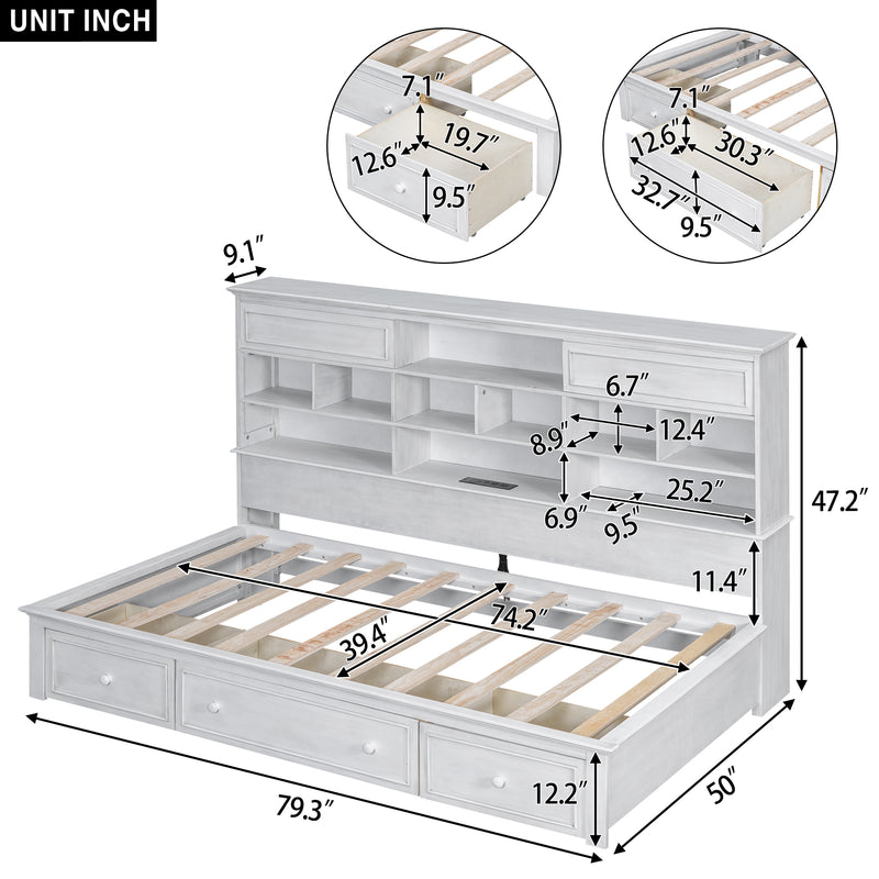 Twin Size Wood Daybed with Multi-Storage Shelves, Charging Station and 3 Drawers, Antique White