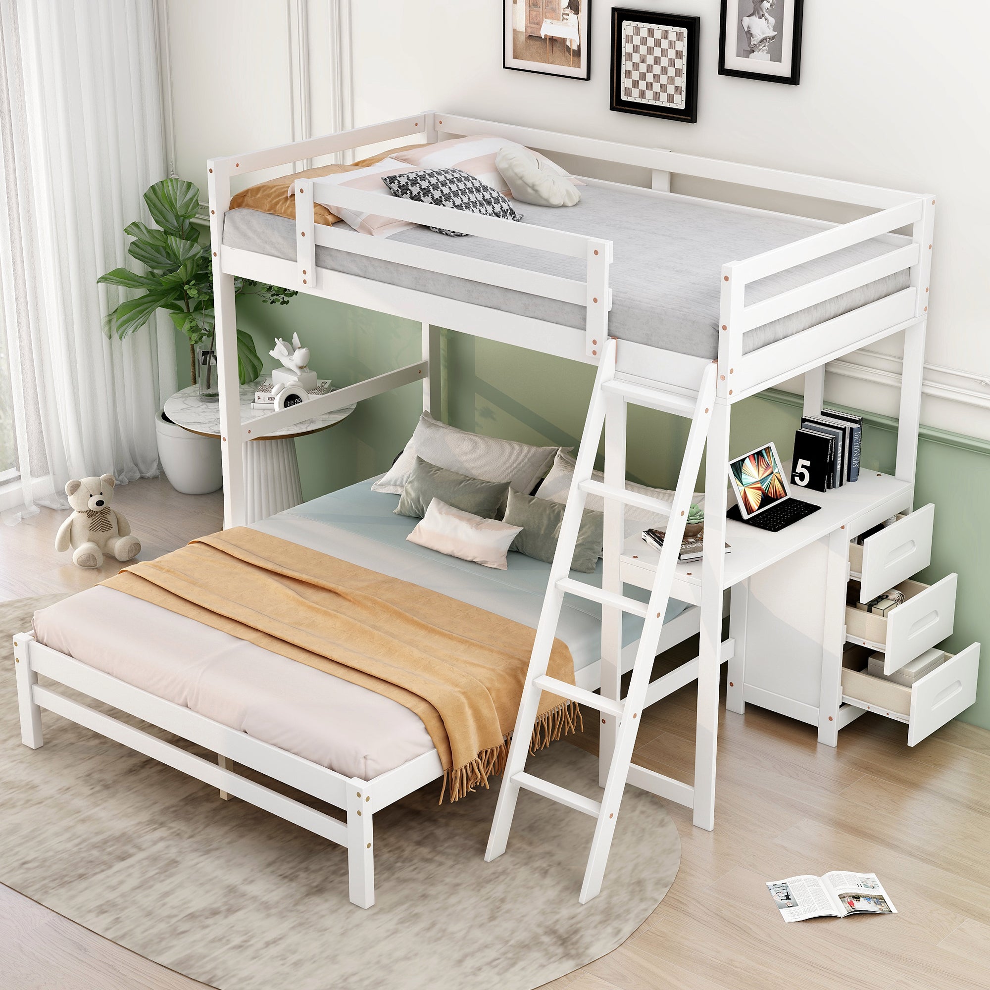 Twin over Full Bunk Bed with Built-in Desk and Three Drawers,White - Atlantic Fine Furniture Melbourne FL