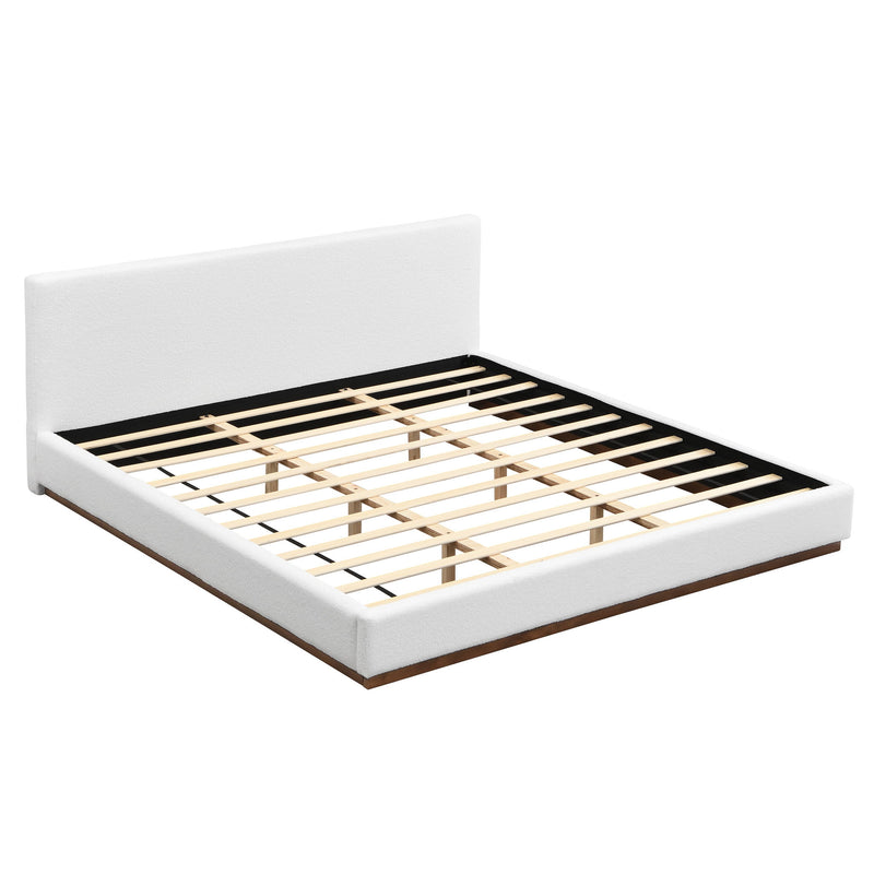 Elegant Boucle Upholstered Bed With Wood Grain Textured Solid Wood Base Frame