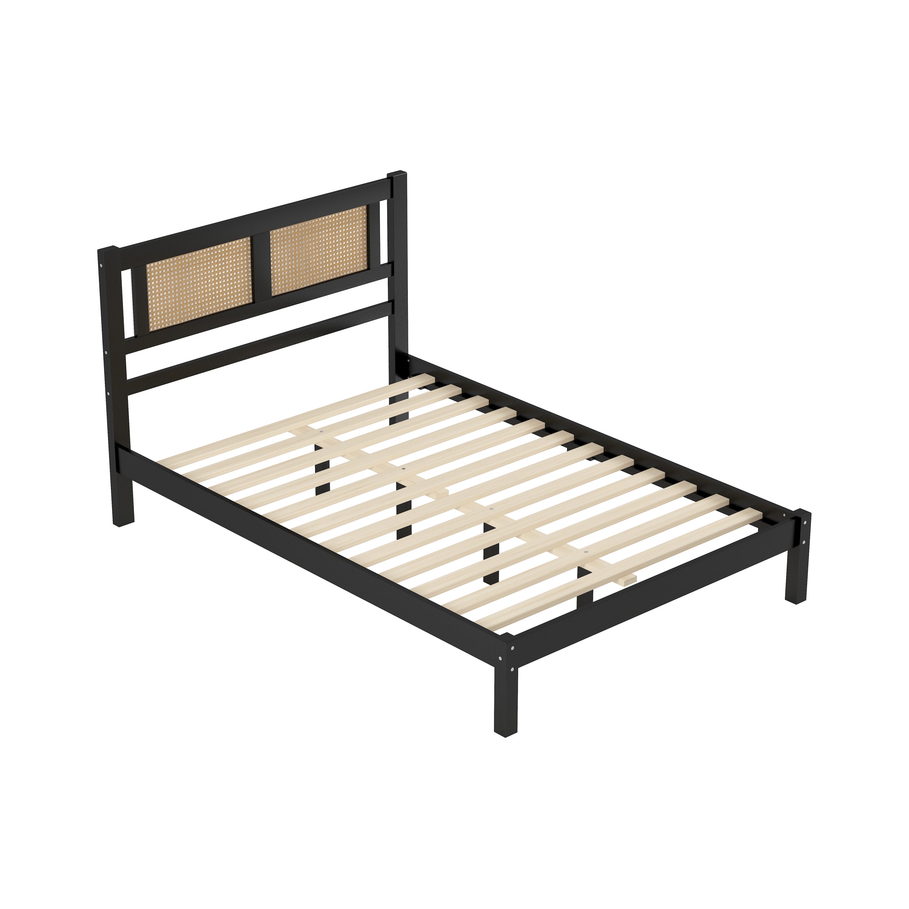 Full Size Wooden Platform Bed with Natural Rattan Headboard, Exquisite Elegance with Minimalist Charm for Bedroom, Black - Atlantic Fine Furniture Melbourne FL