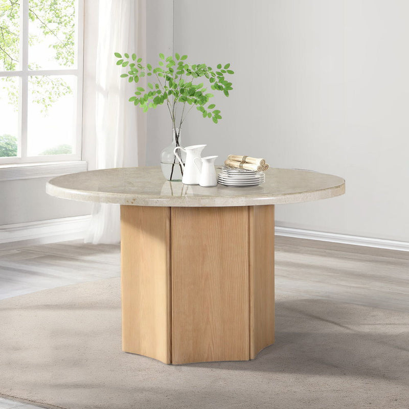 Qwin - Round Dining Table With Marble Top - Gray Fabric & Weathered Gray Oak