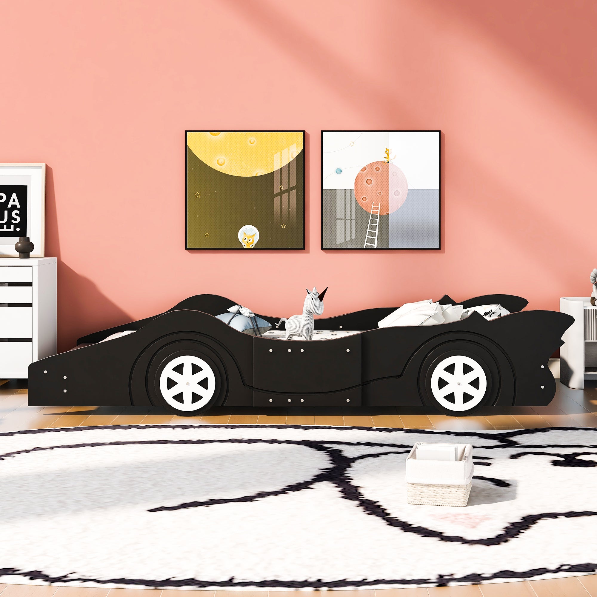 Twin Size Race Car-Shaped Platform Bed with Wheels,Black - Atlantic Fine Furniture Melbourne FL