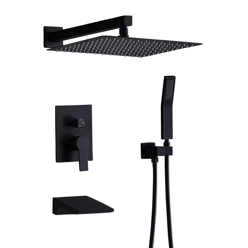 All Metal Tub Shower Faucet Set With 12" Rain Shower Head And Handheld Spray Combo, Wall Mounted - Matte Black
