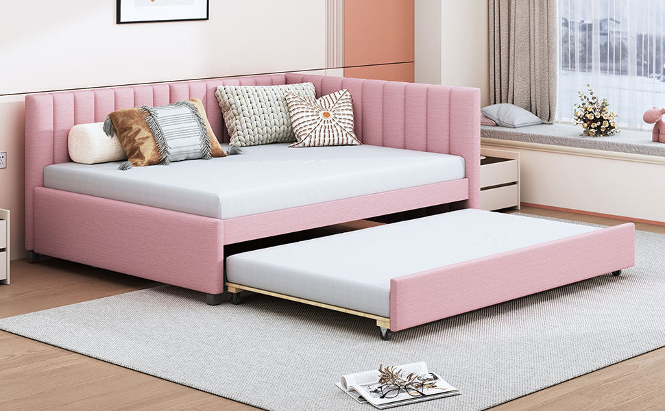 Full Size Upholstered Daybed with Trundle Sofa Bed Frame No Box Spring Needed, Linen Fabric(Pink) - Atlantic Fine Furniture Melbourne FL