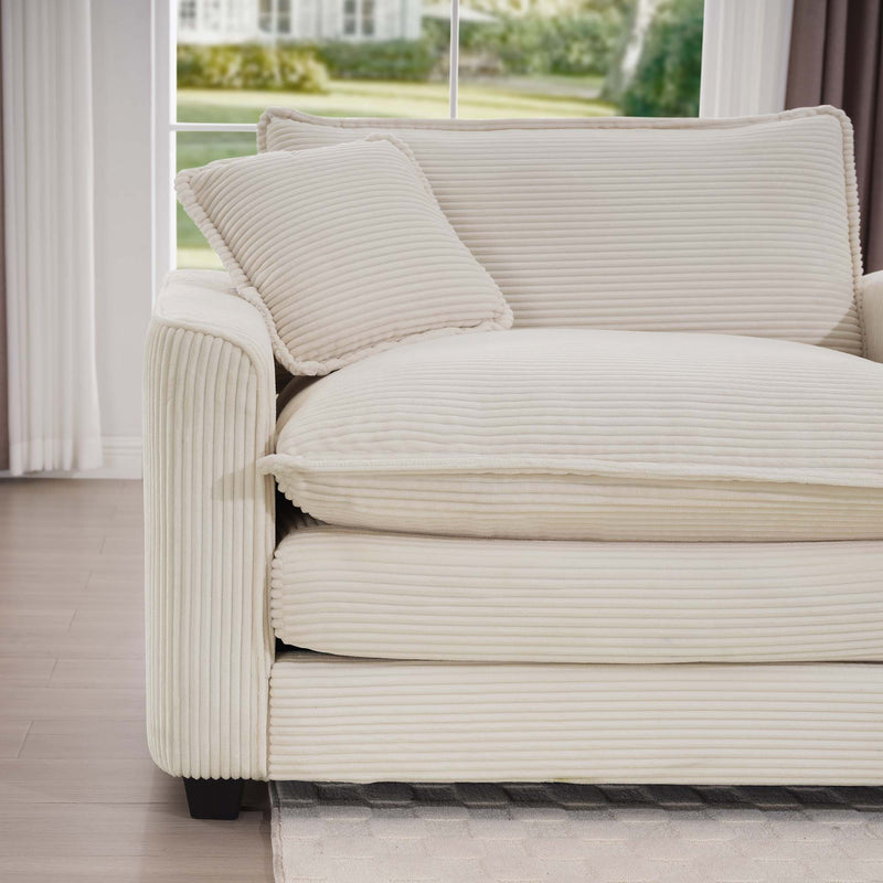 Modern Upholstered 4 Seater Corduroy Fabric Sofa With Arm And Throw Pillows
