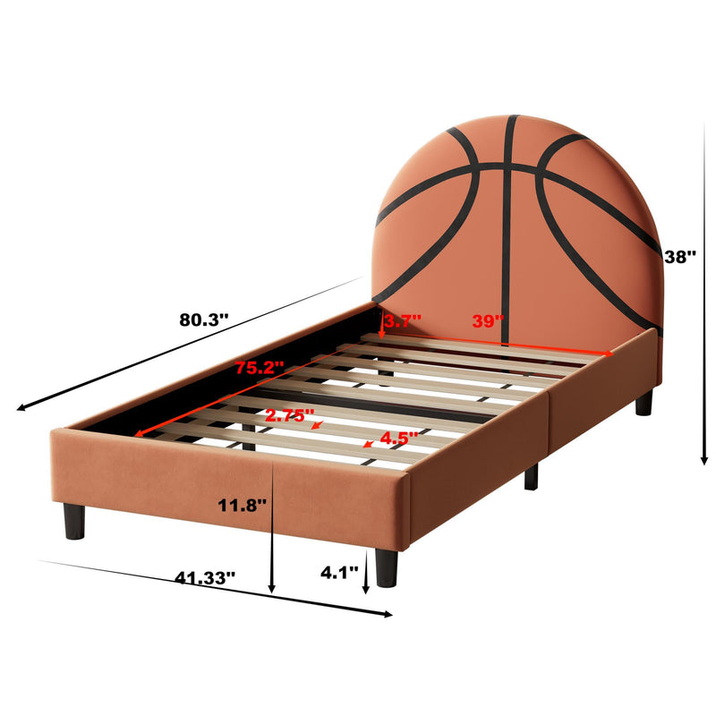 Basketball Design Upholstered Twin Platform Bed Sport Style Bed For Boys & Girls, Teens - Orange